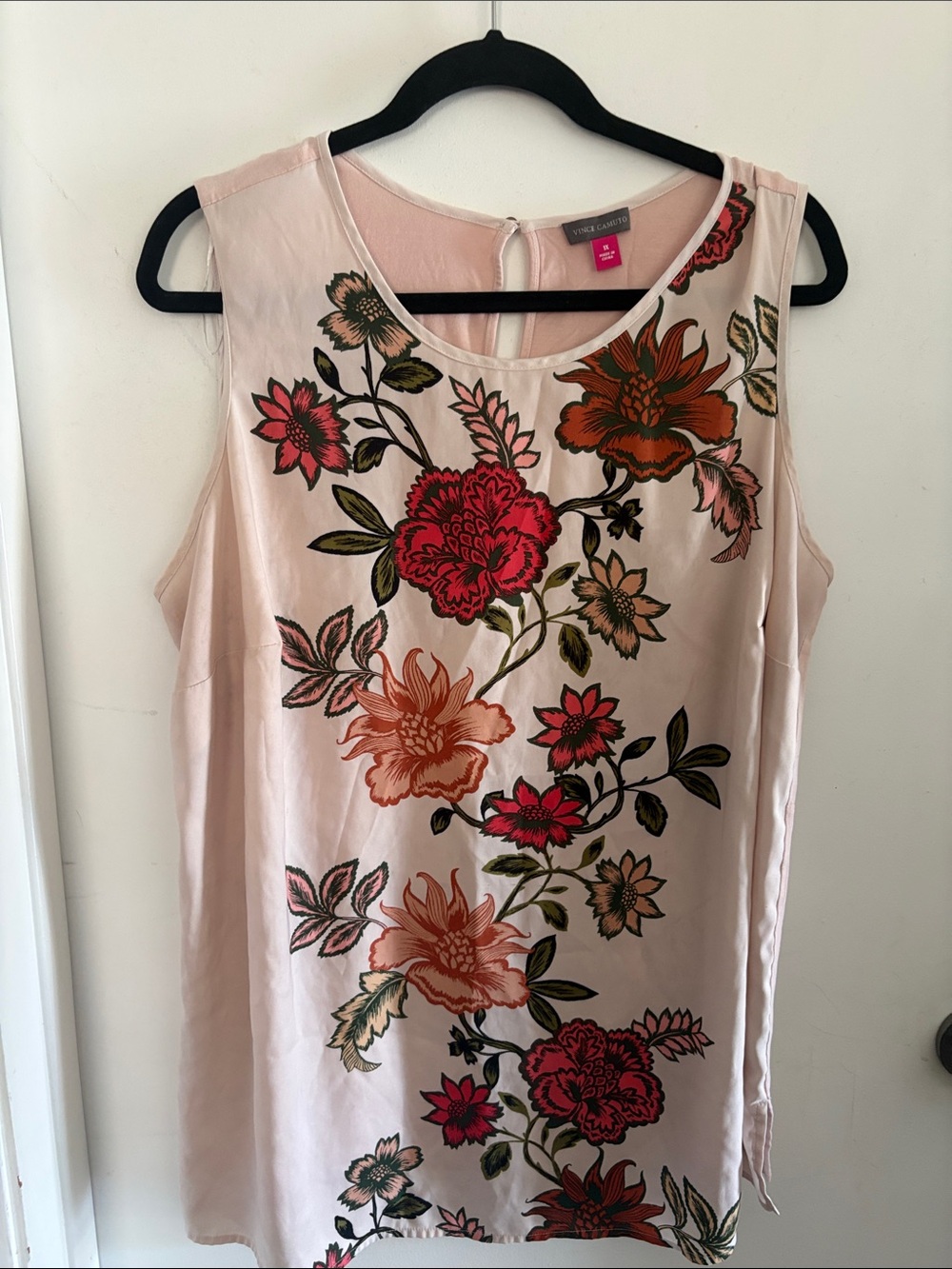 Vince Camuto Blush Pink Sleeveless Tank with Red & Orange Floral Embroidery